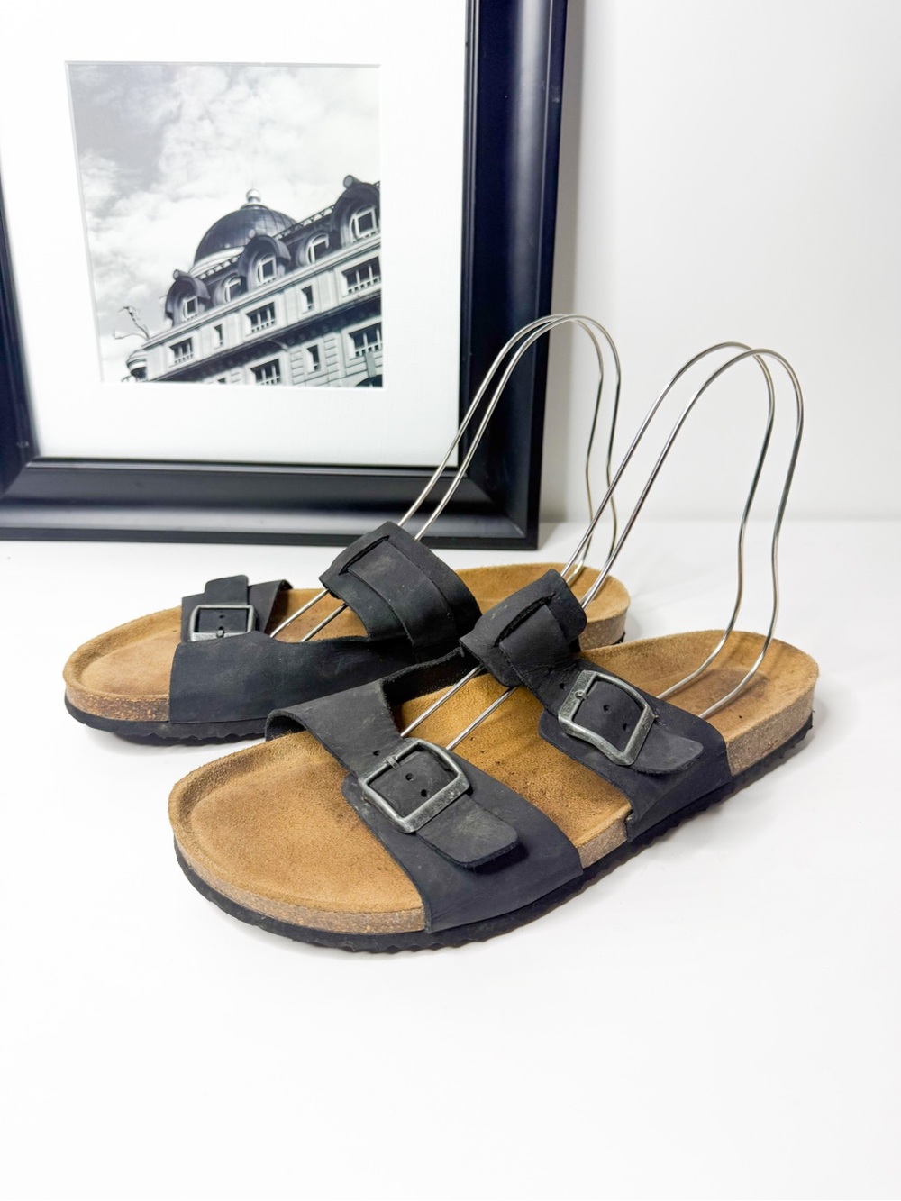 Geox Men’s Black Leather Double Buckle Slide Sandals Size 44